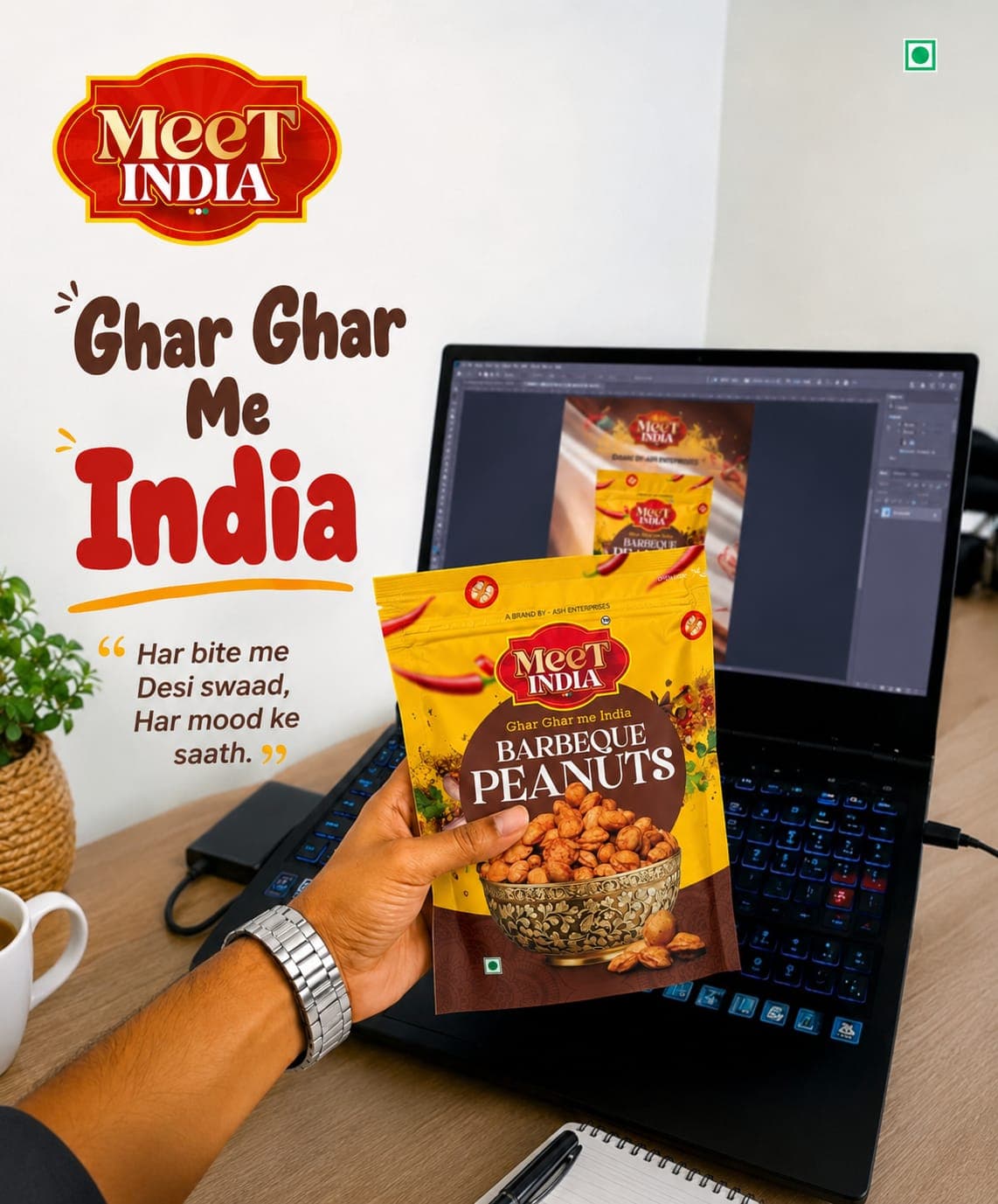 Meet India Barbeque Peanuts pack at desk